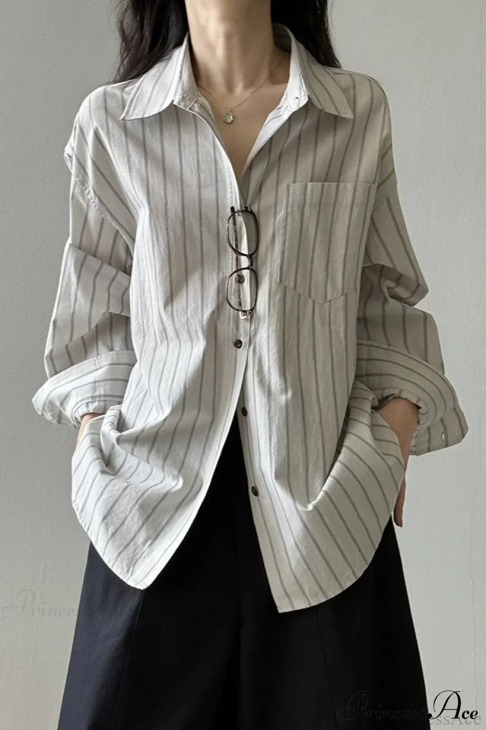 Vertical Stripe Long-Sleeve Cotton Loose Blouse - Image 5