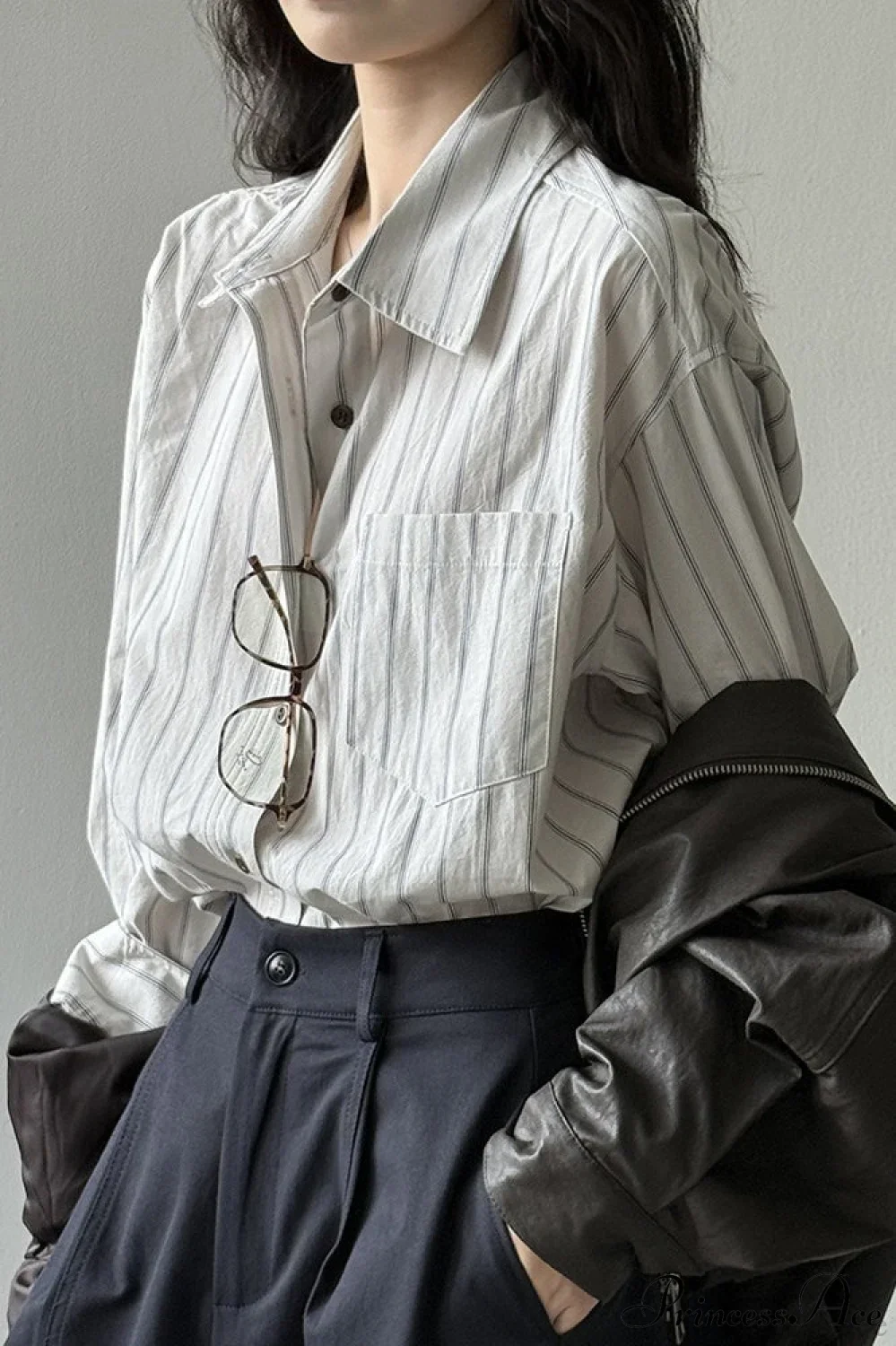 Vertical Stripe Long-Sleeve Cotton Loose Blouse - Image 6