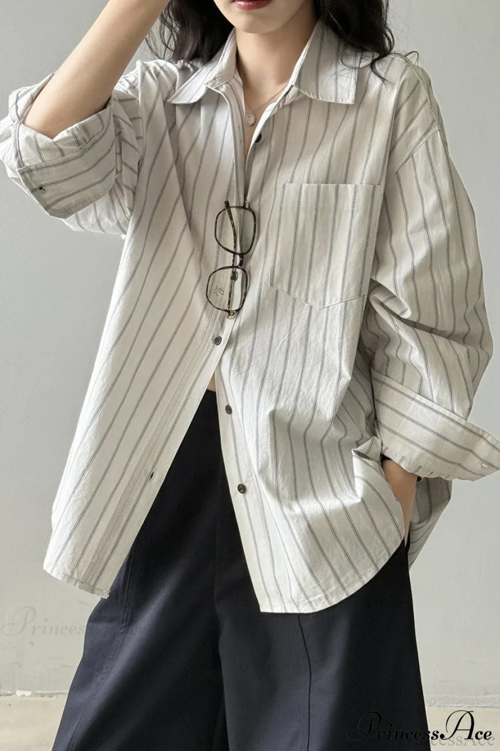 Vertical Stripe Long-Sleeve Cotton Loose Blouse - Image 7