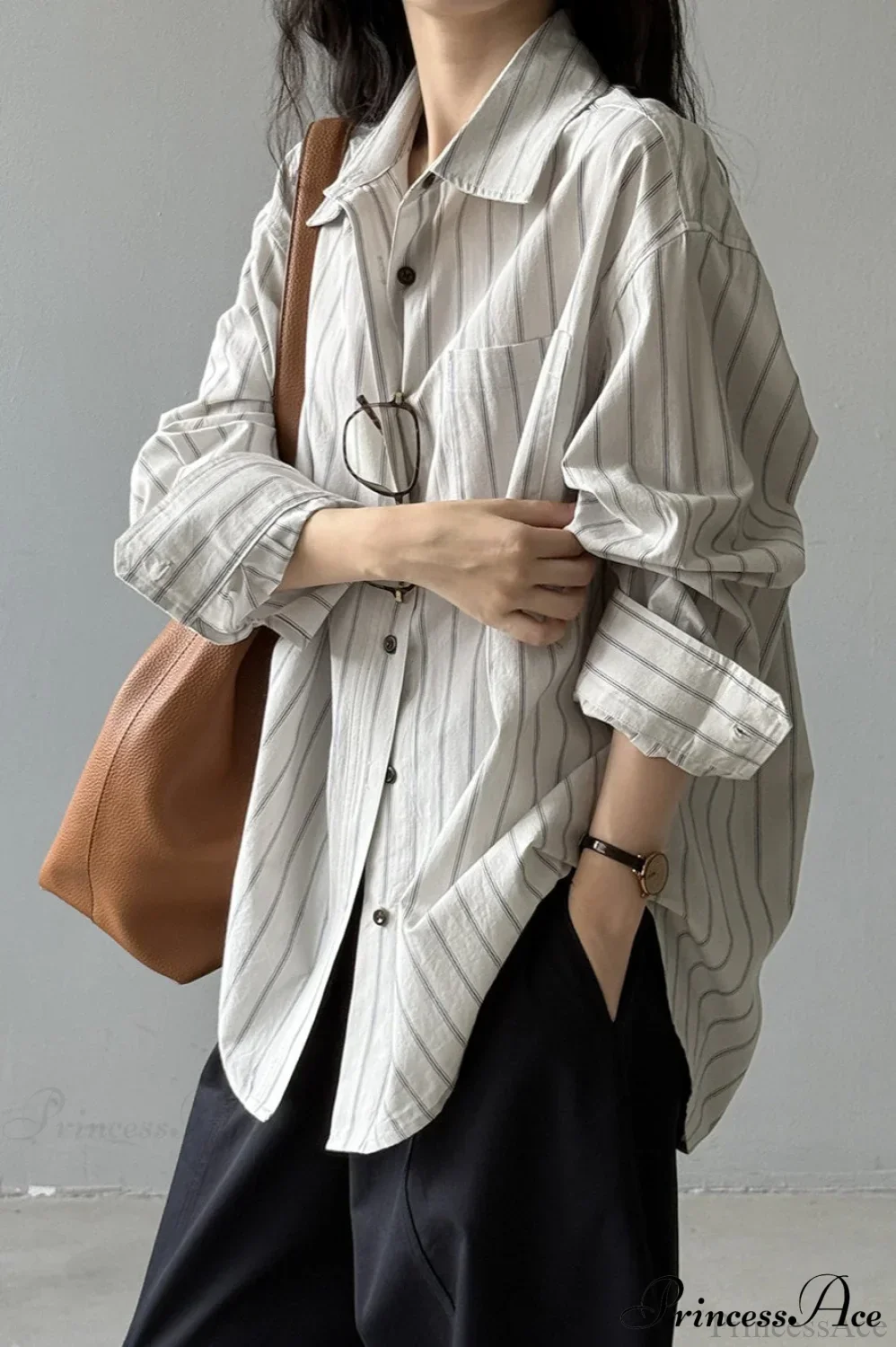 Vertical Stripe Long-Sleeve Cotton Loose Blouse - Image 8