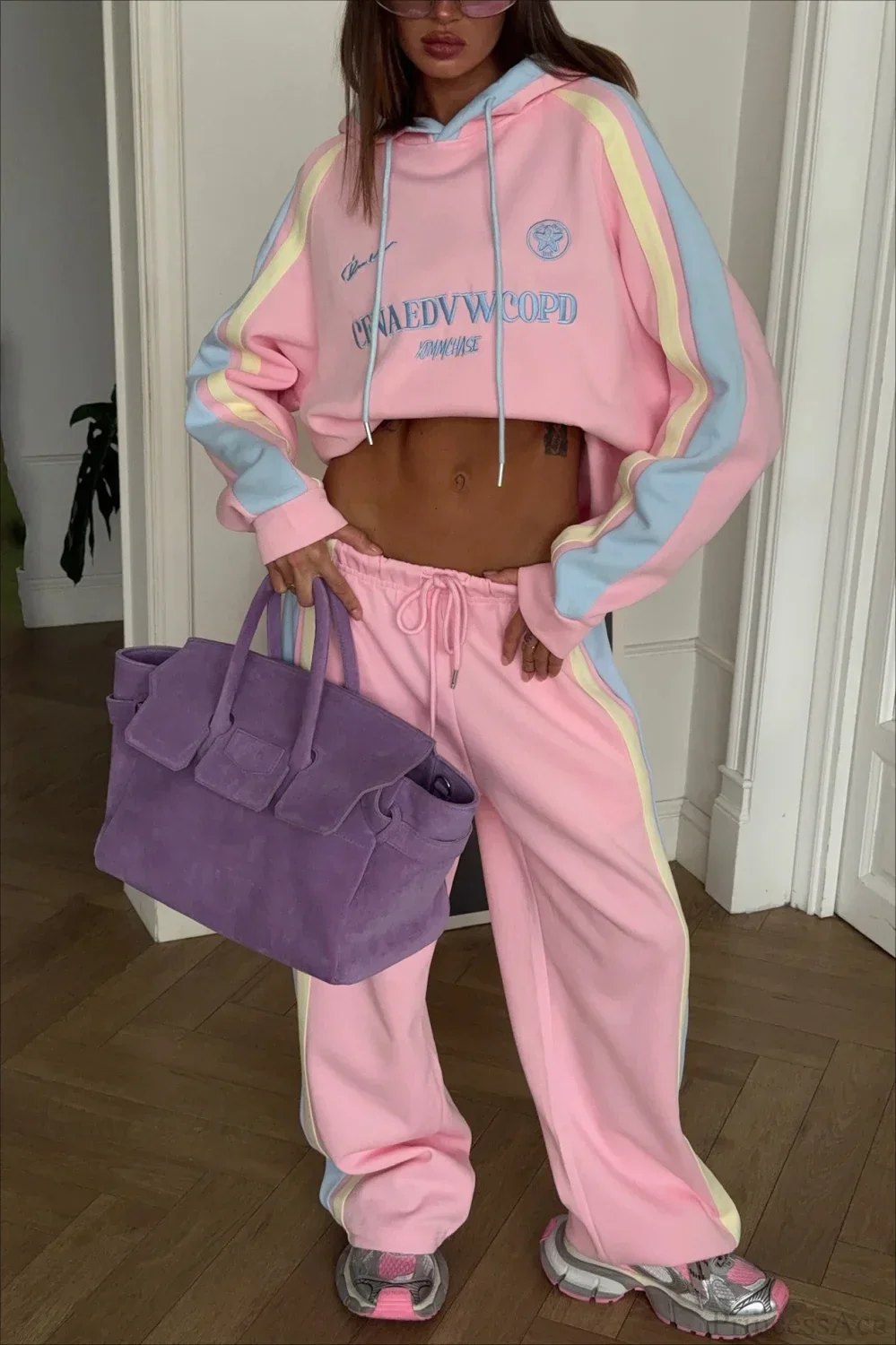 Vibrant Pink Pullover Hoodie Wide Leg Pants Two Piece Set - Image 2