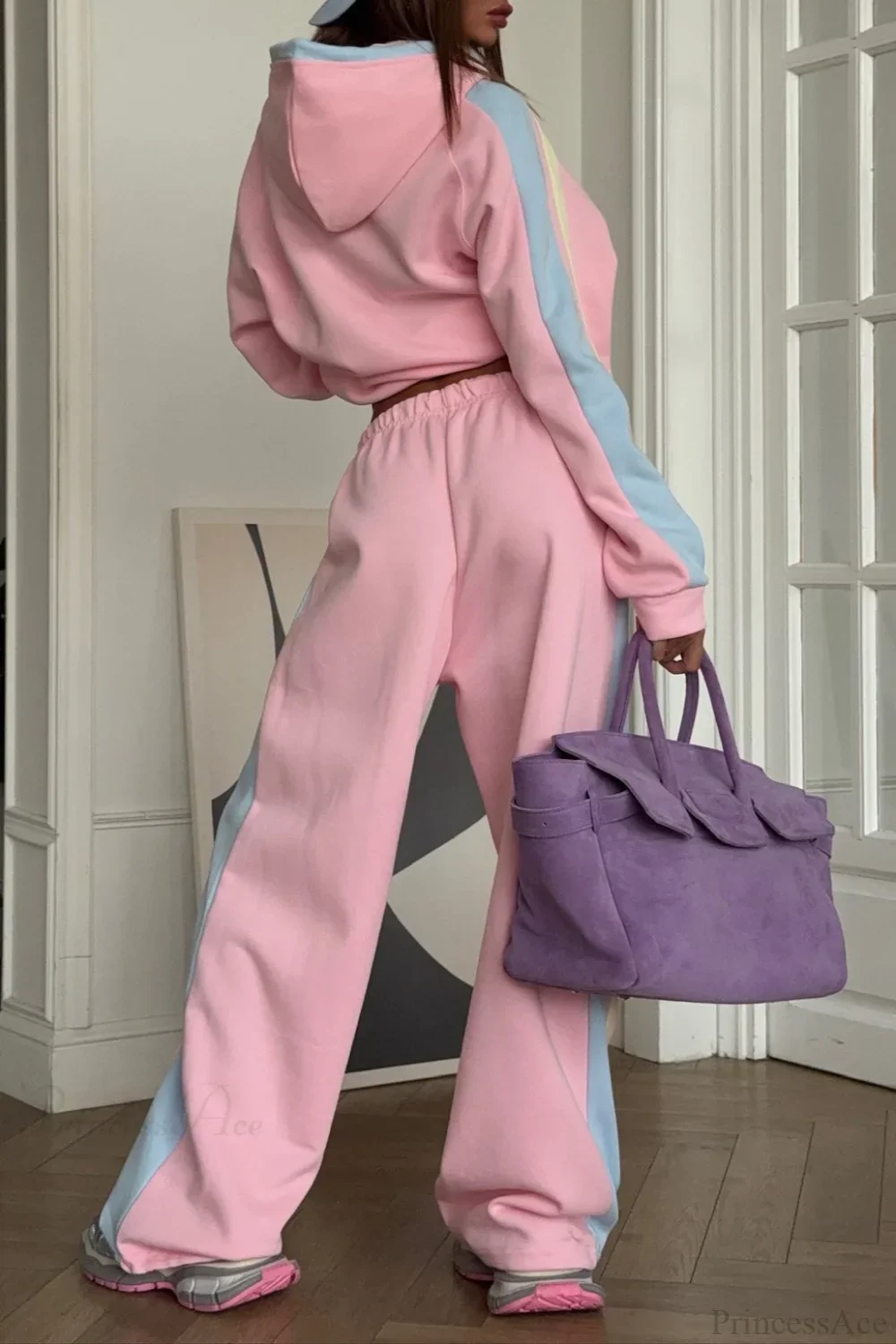 Vibrant Pink Pullover Hoodie Wide Leg Pants Two Piece Set - Image 3