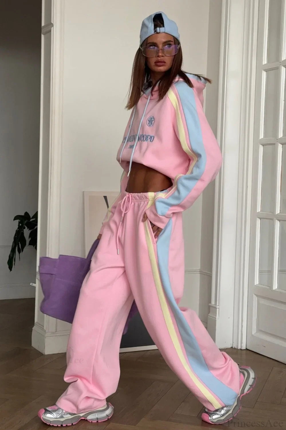 Vibrant Pink Pullover Hoodie Wide Leg Pants Two Piece Set - Image 4