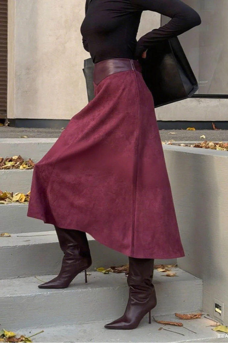 Vintage A-Line Faux Suede Midi Skirt - Image 2
