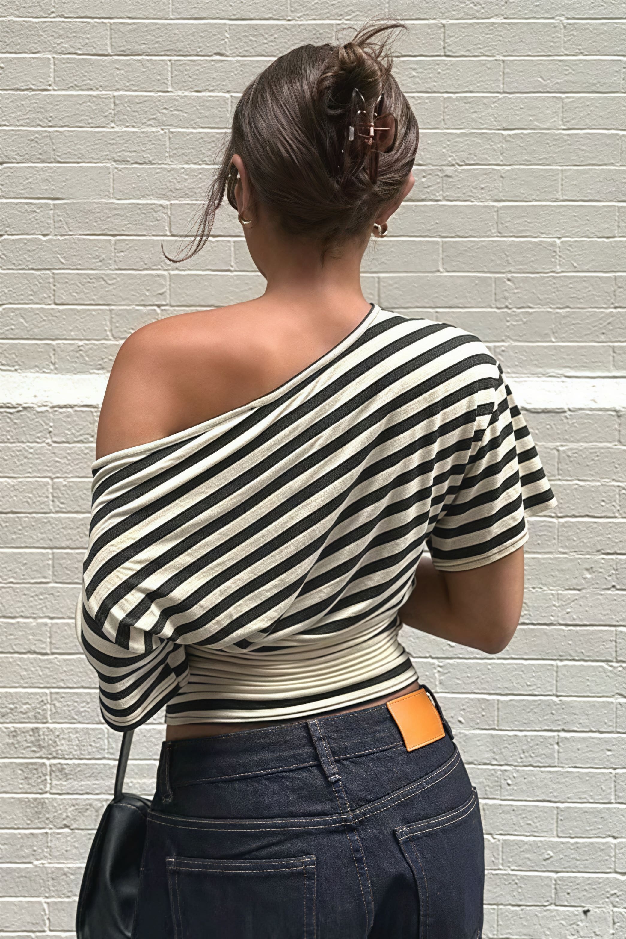 Vintage Asymmetrical Shoulder Striped Tie Waist T-shirt - Image 4