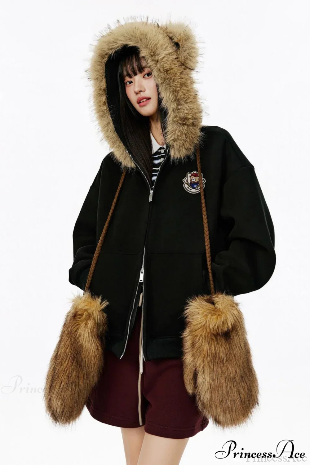 Vintage Bear Ear Fleece Collar Zip Hoodie - Image 2