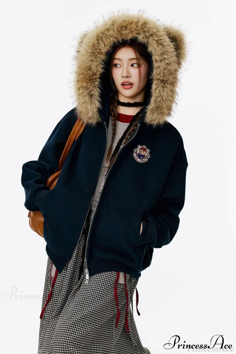 Vintage Bear Ear Fleece Collar Zip Hoodie - Image 3
