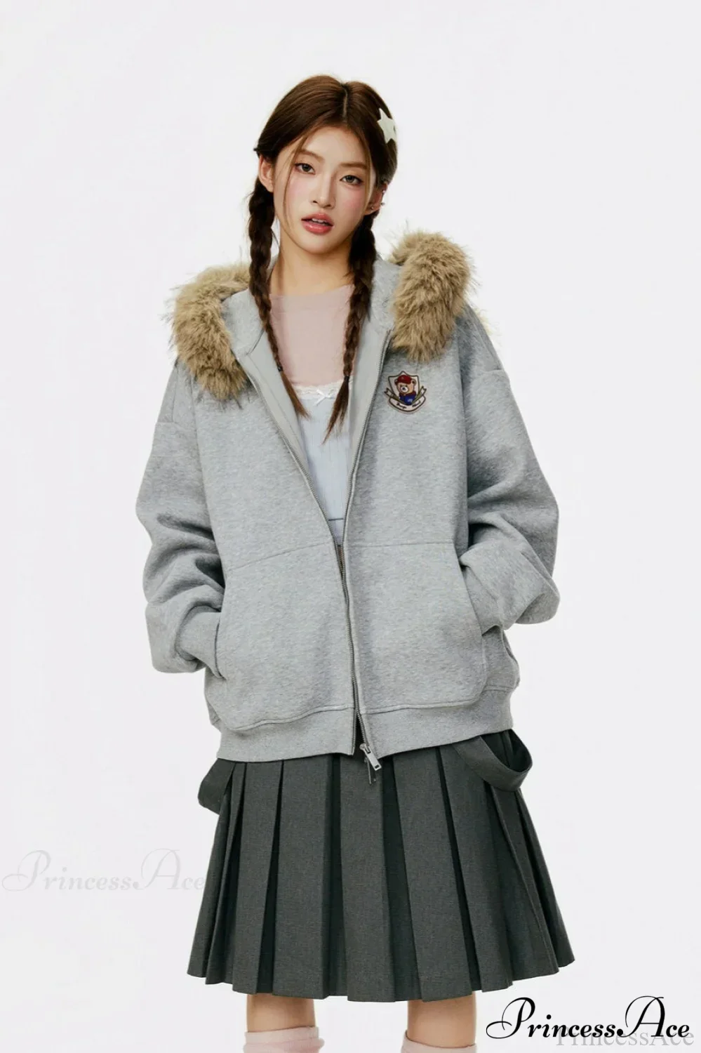 Vintage Bear Ear Fleece Collar Zip Hoodie - Image 4