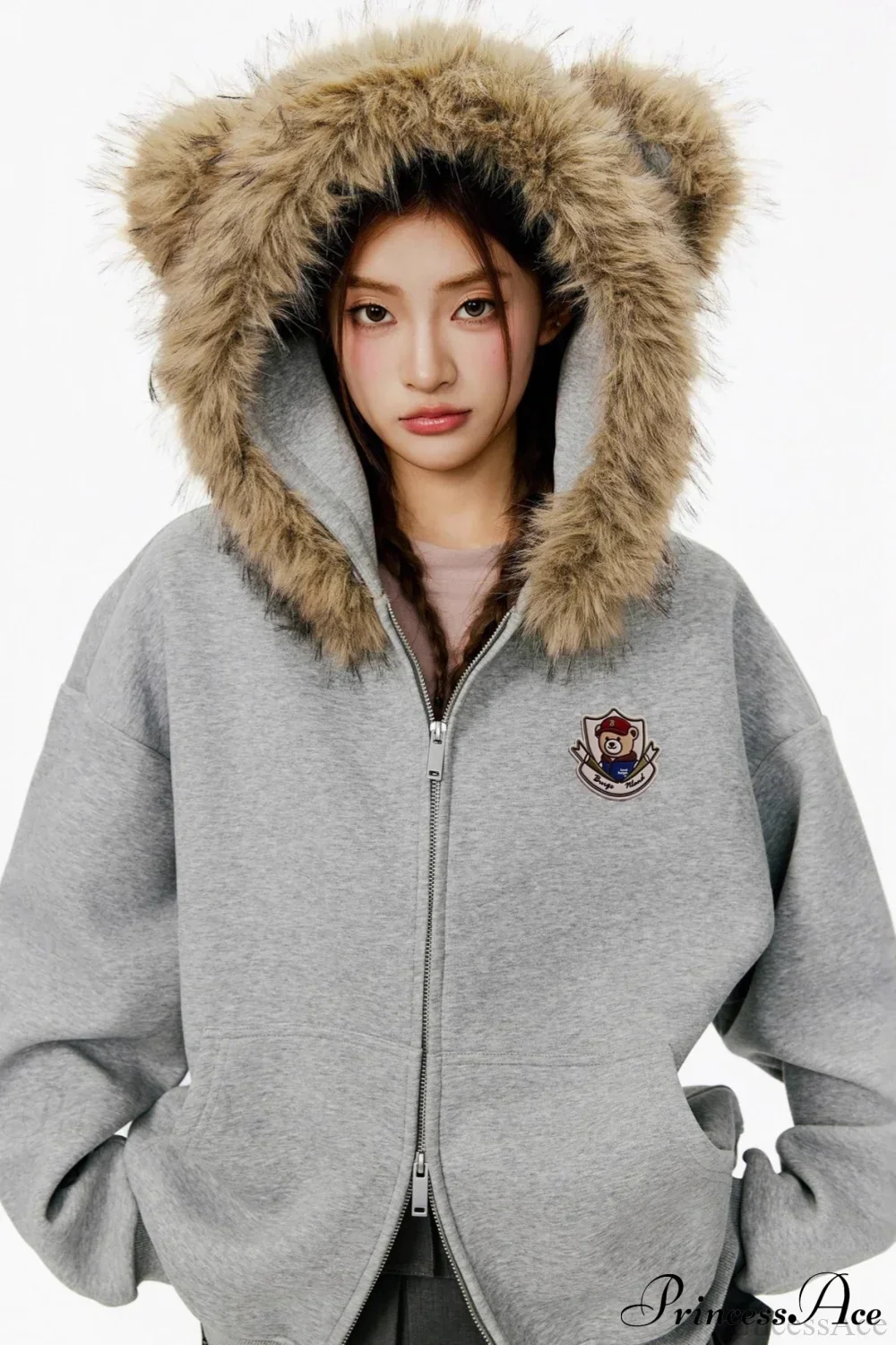 Vintage Bear Ear Fleece Collar Zip Hoodie - Image 5