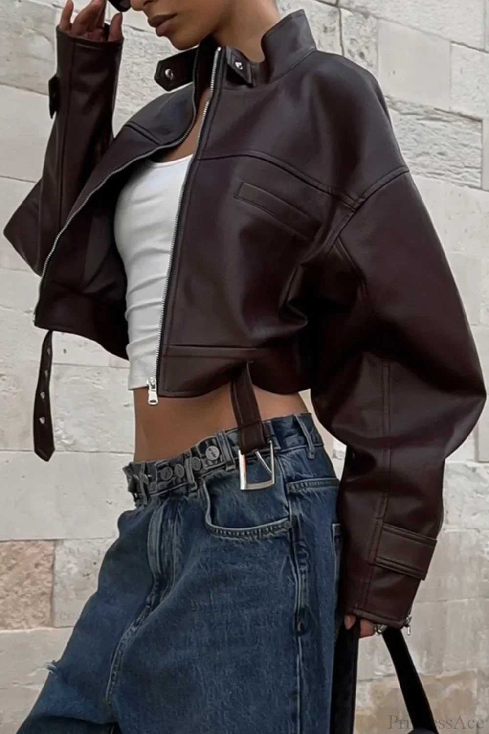 Vintage Biker Stand Collar Zipper Leather Jacket - Image 2