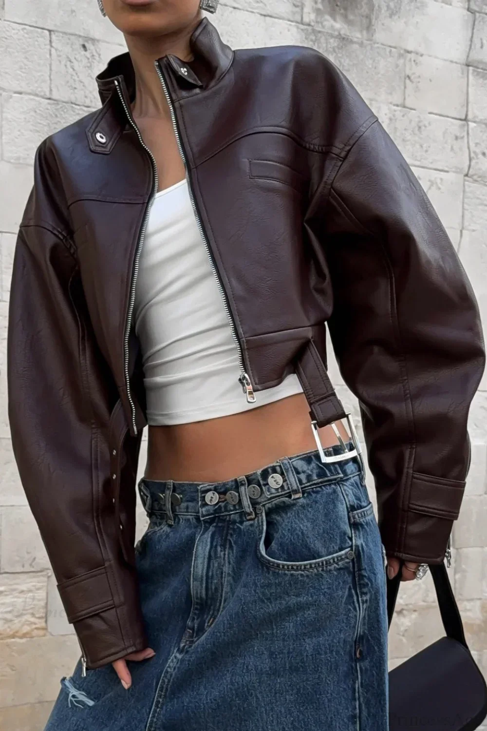 Vintage Biker Stand Collar Zipper Leather Jacket - Image 3