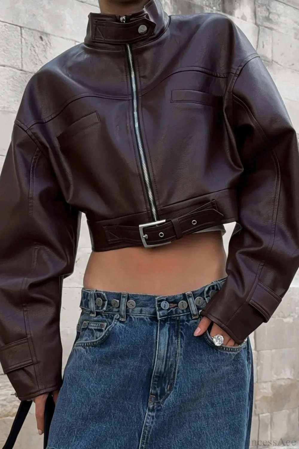 Vintage Biker Stand Collar Zipper Leather Jacket - Image 4