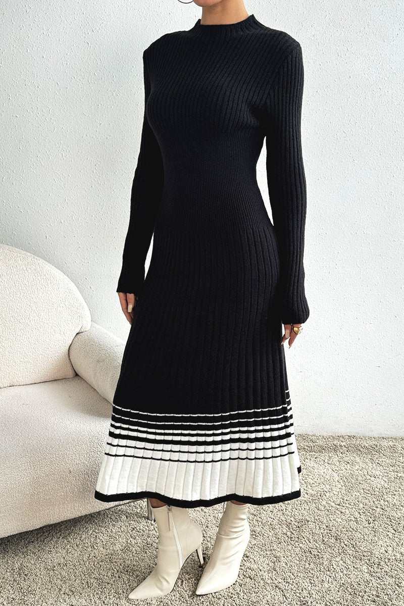 Vintage Black White Stripe Knit Pleated Midi Dress - Image 2