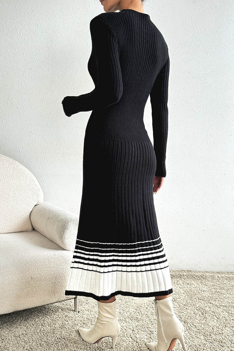 Vintage Black White Stripe Knit Pleated Midi Dress - Image 3