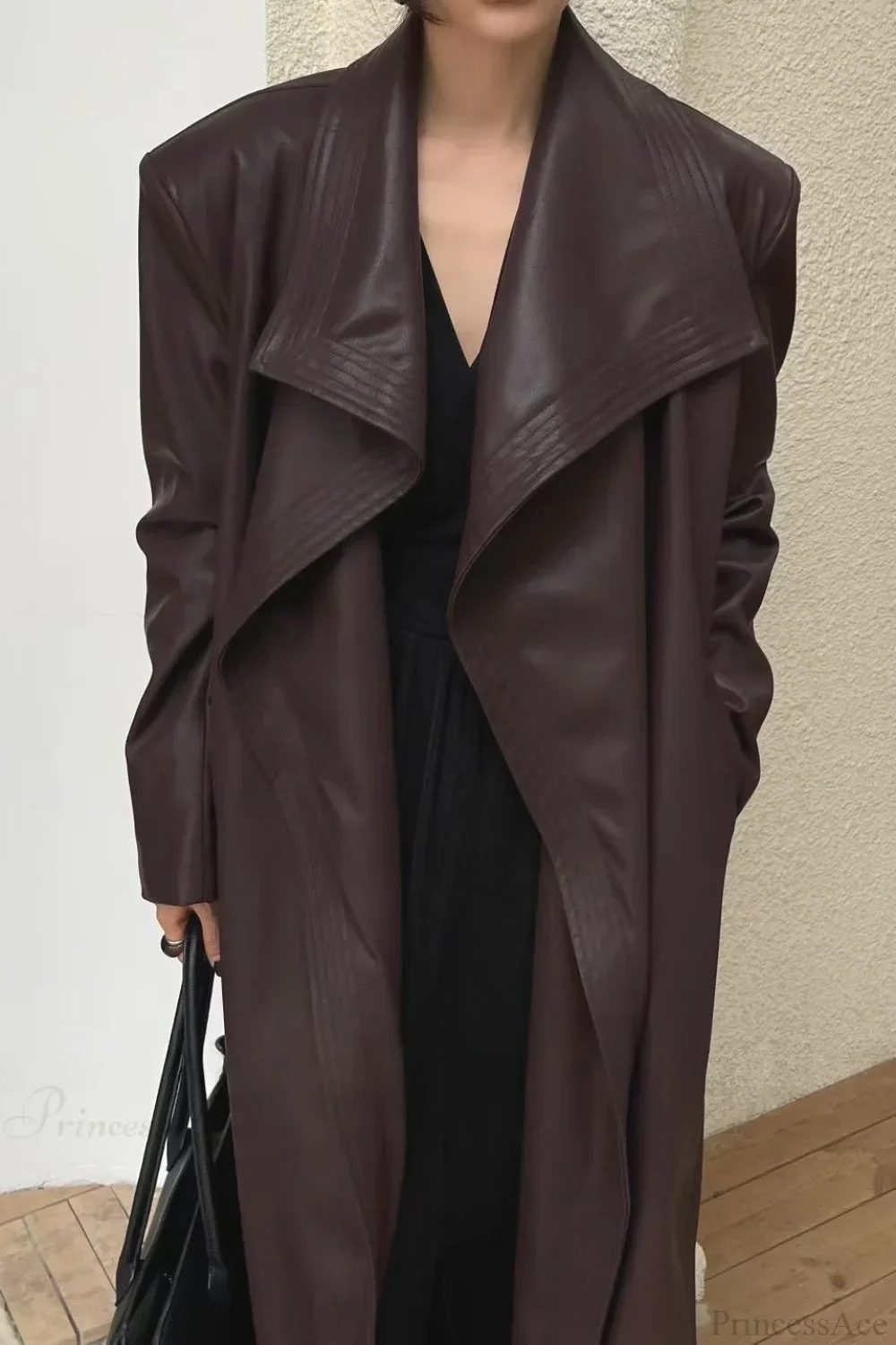 Vintage Broad Lapel Waist-Tied Leather Overcoat - Image 2