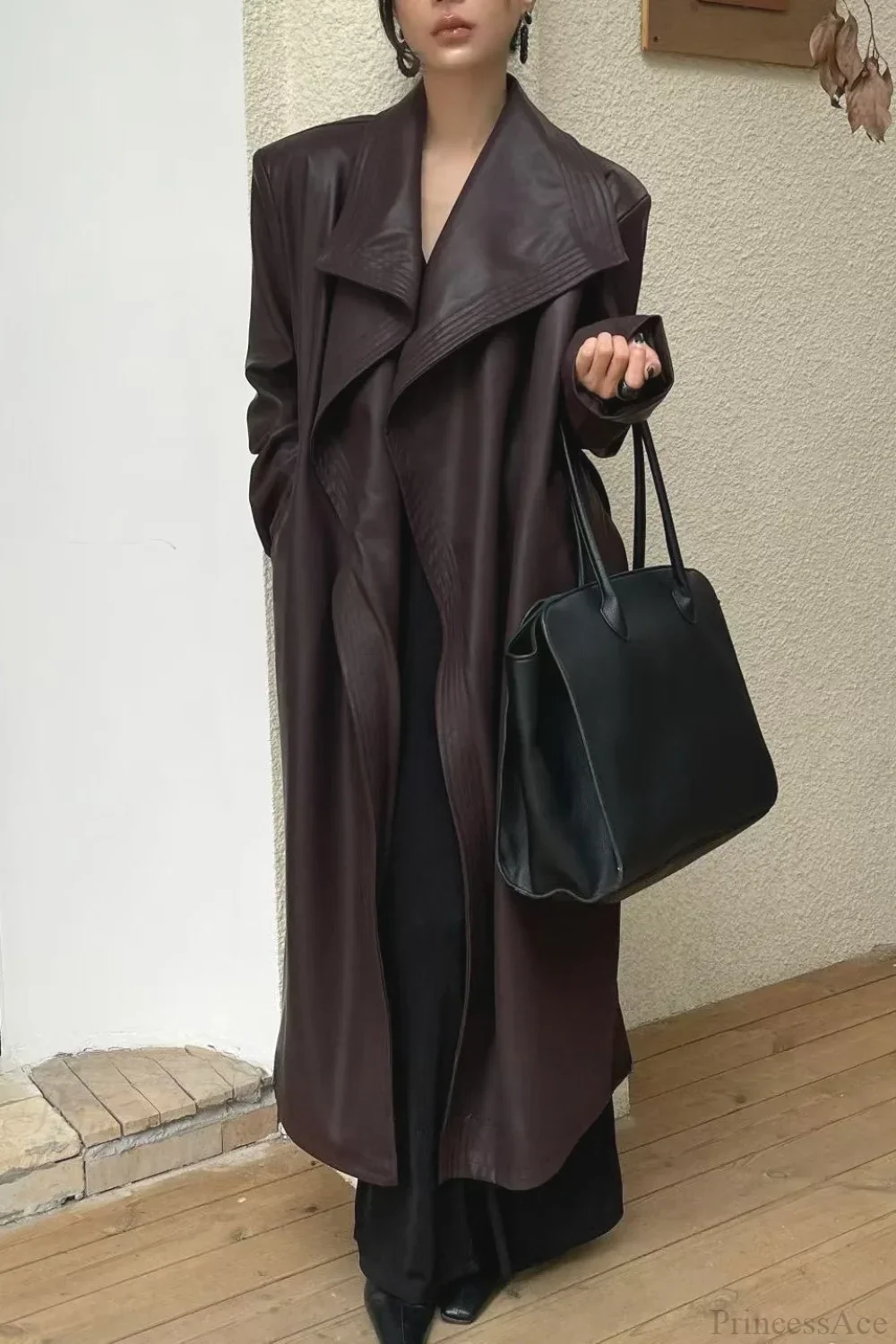 Vintage Broad Lapel Waist-Tied Leather Overcoat - Image 3