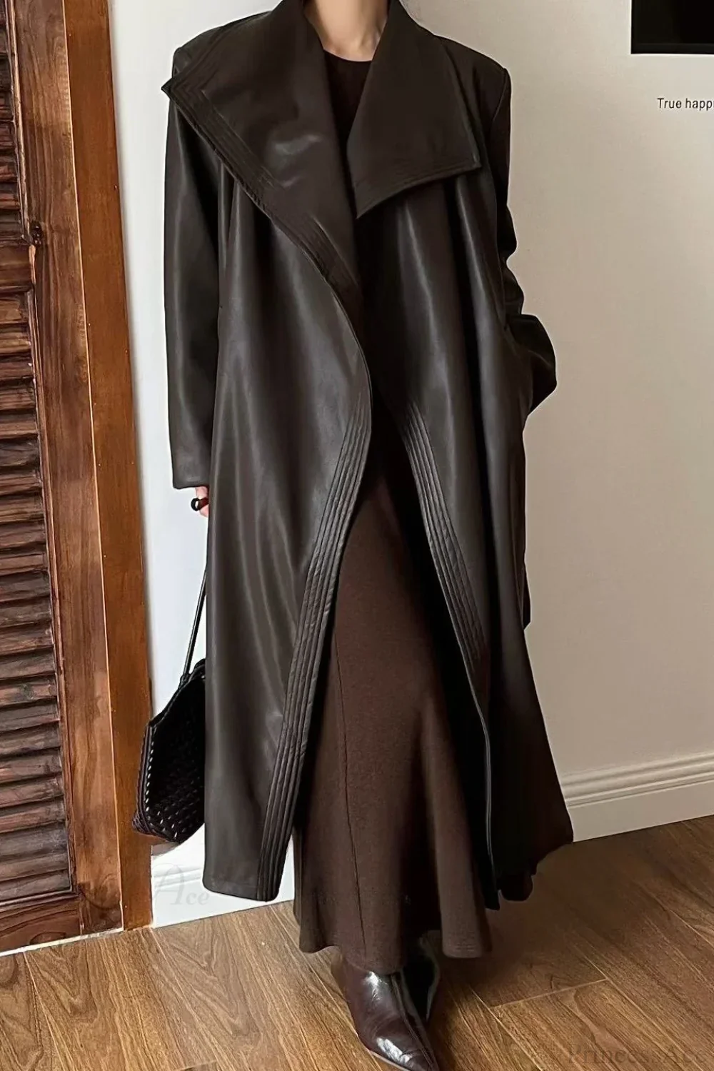 Vintage Broad Lapel Waist-Tied Leather Overcoat - Image 4