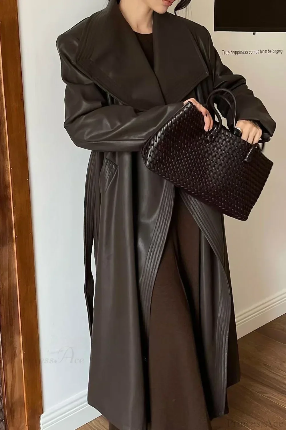Vintage Broad Lapel Waist-Tied Leather Overcoat - Image 5