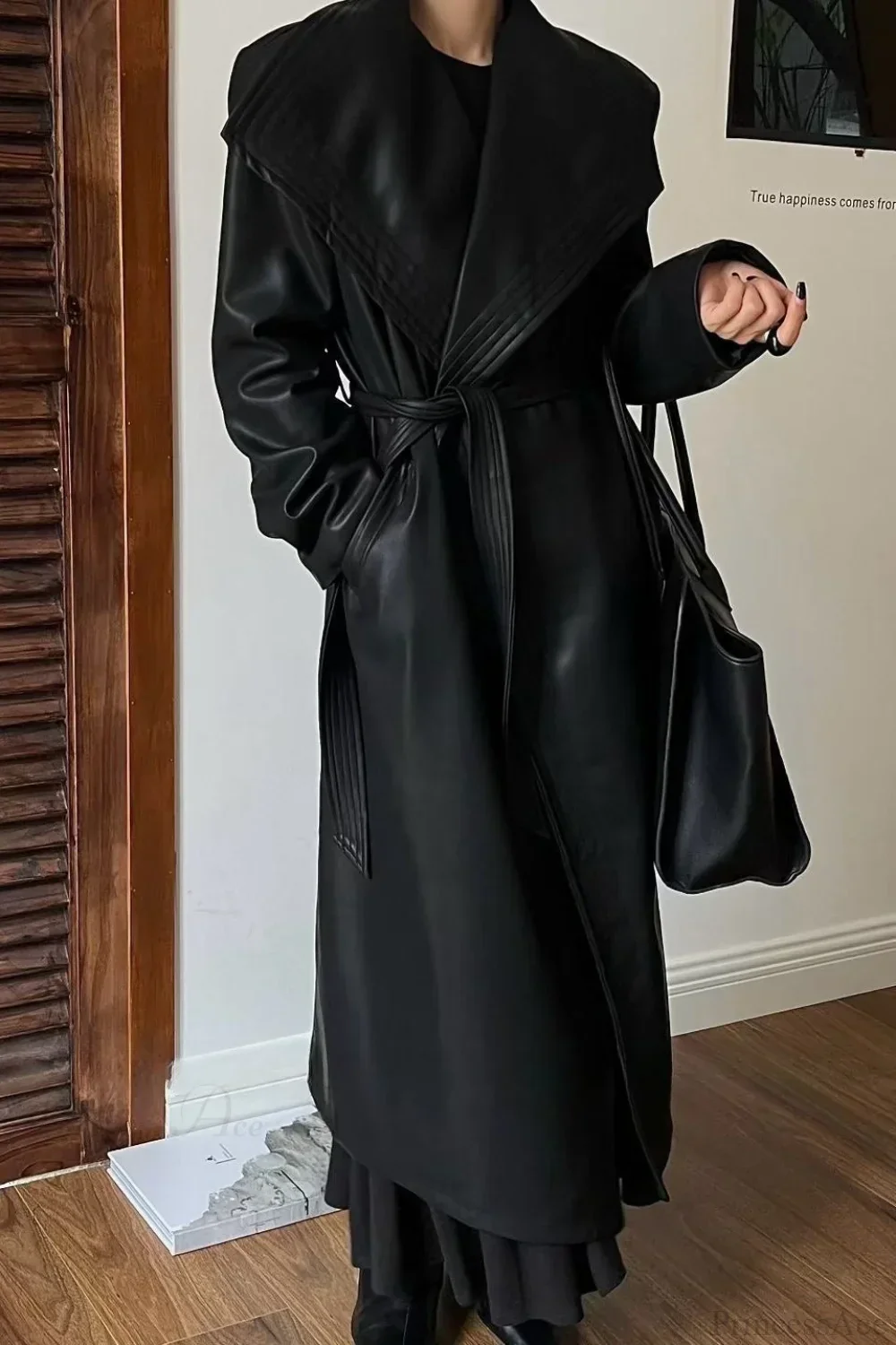 Vintage Broad Lapel Waist-Tied Leather Overcoat - Image 6