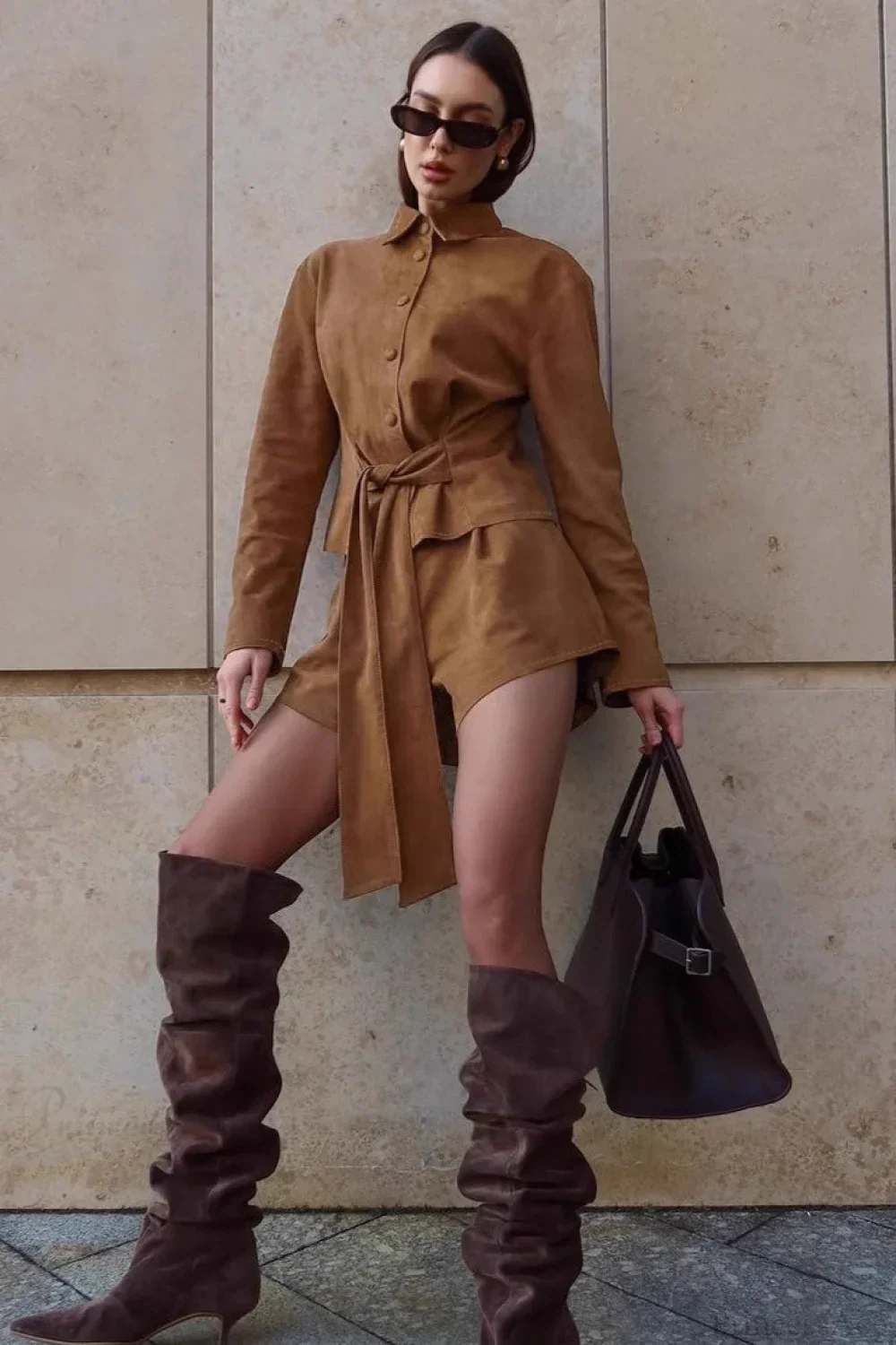 Vintage Brown Suede Tie Waist Cropped Two Piece Set - Image 2