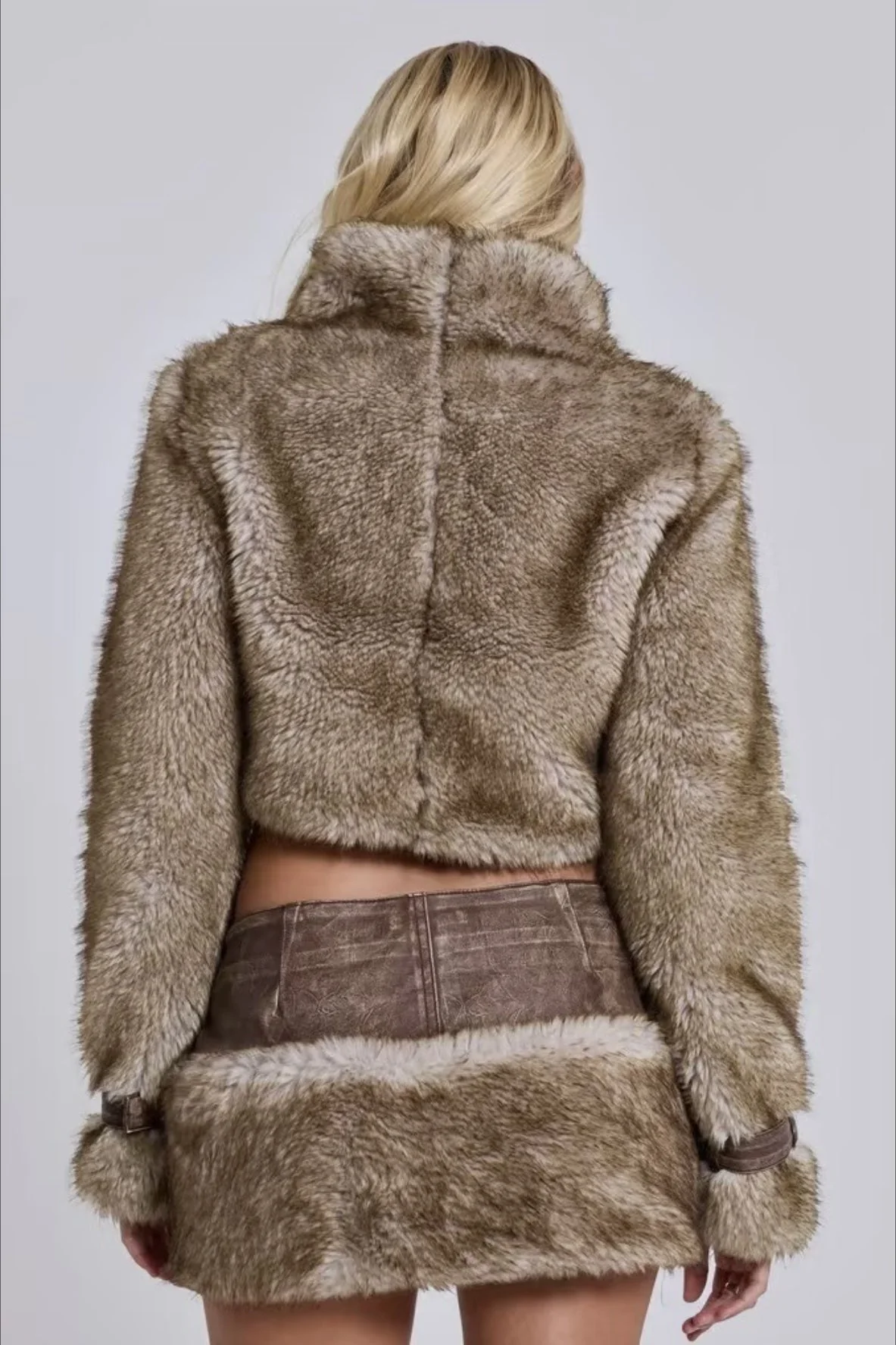 Vintage Cropped Patchwork Stand Collar Coat - Image 6