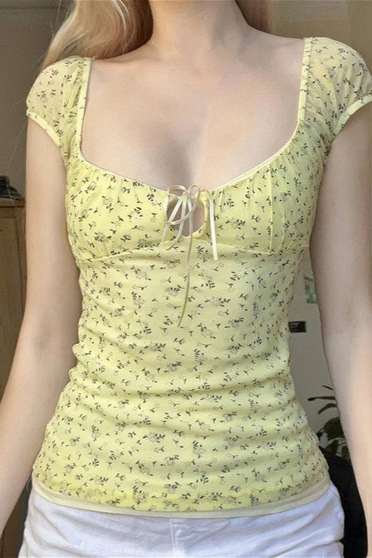 Vintage Cutout Tie Waist Yellow Floral Blouse - Image 2