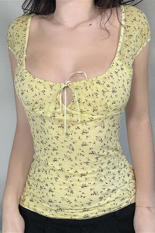 Vintage Cutout Tie Waist Yellow Floral Blouse - Image 3