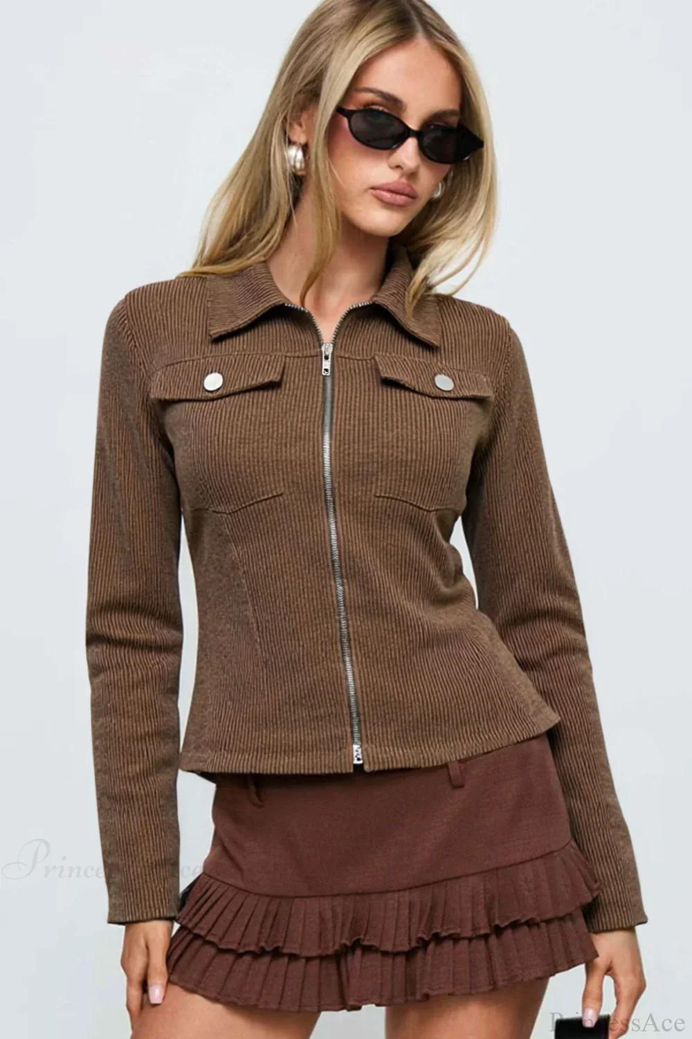 Vintage Dark Brown Street Slim-Fit Y2K Utility Jacket - Image 4