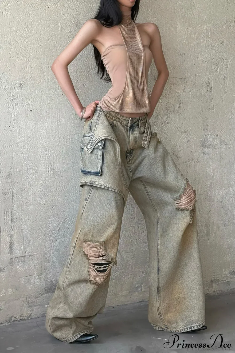 Vintage Distressed Loose Floor Length Jeans - Image 3