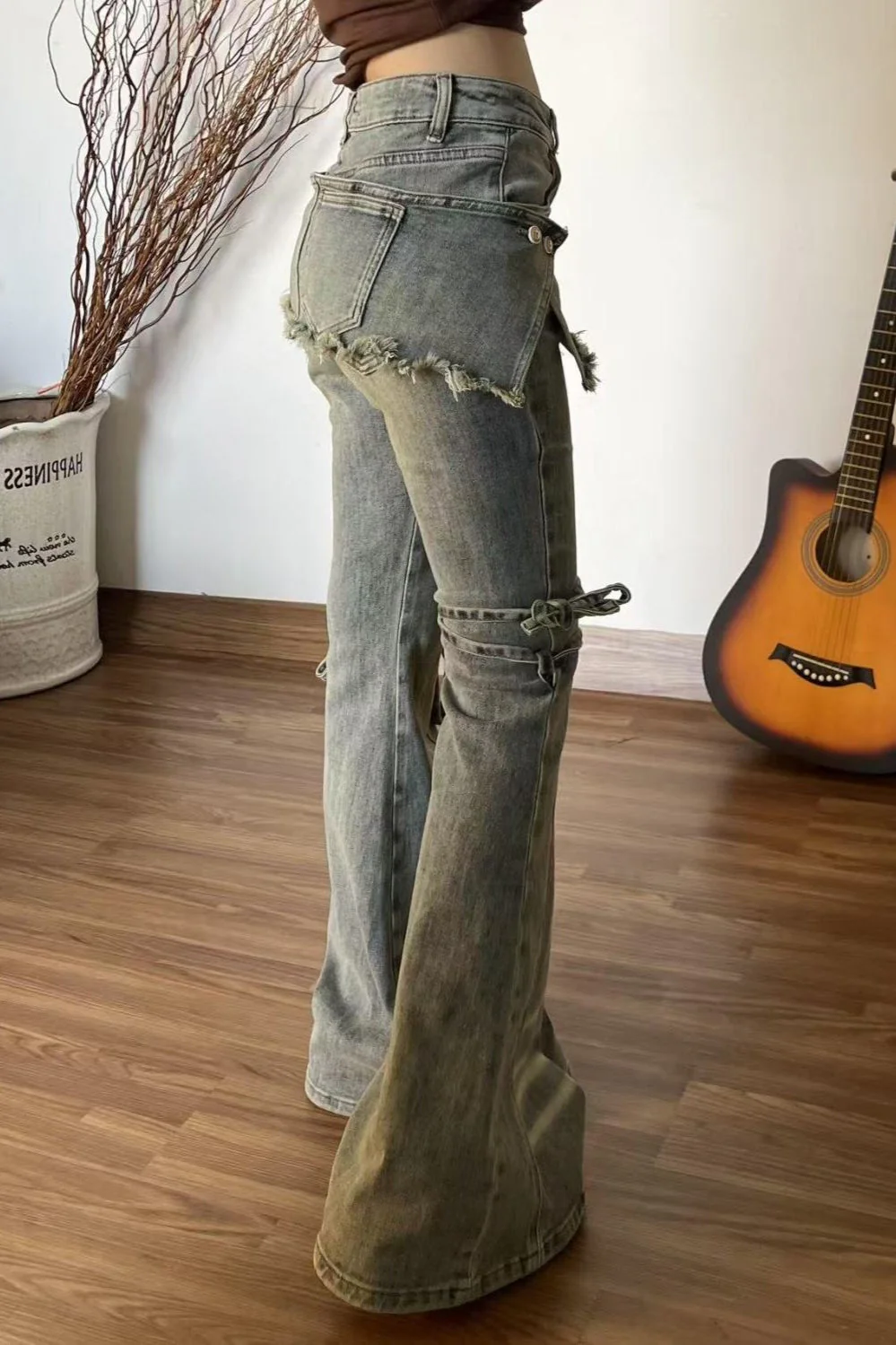Vintage Fake Two Piece Bootcut Tie Waist Jeans - Image 2