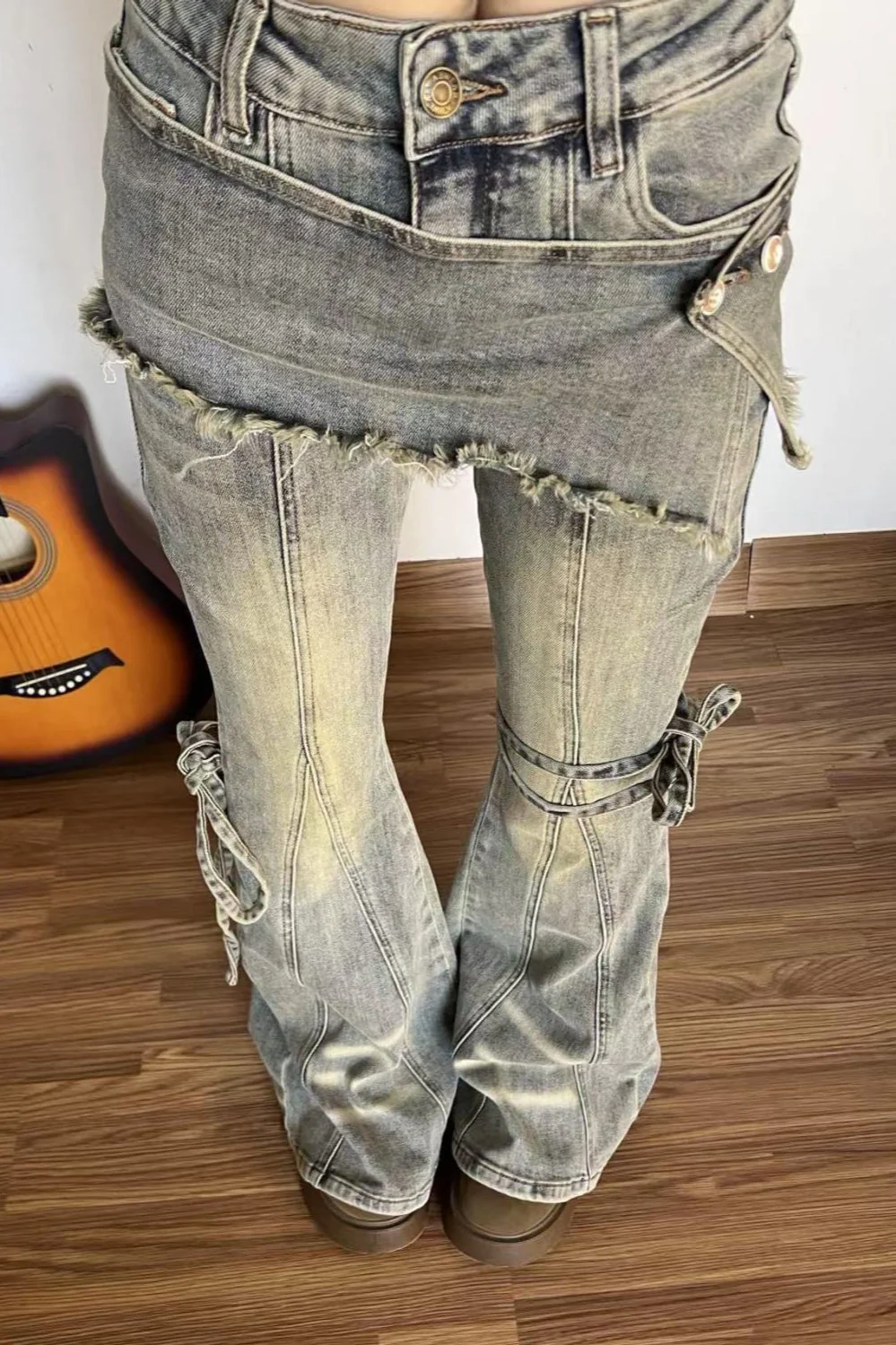 Vintage Fake Two Piece Bootcut Tie Waist Jeans - Image 3