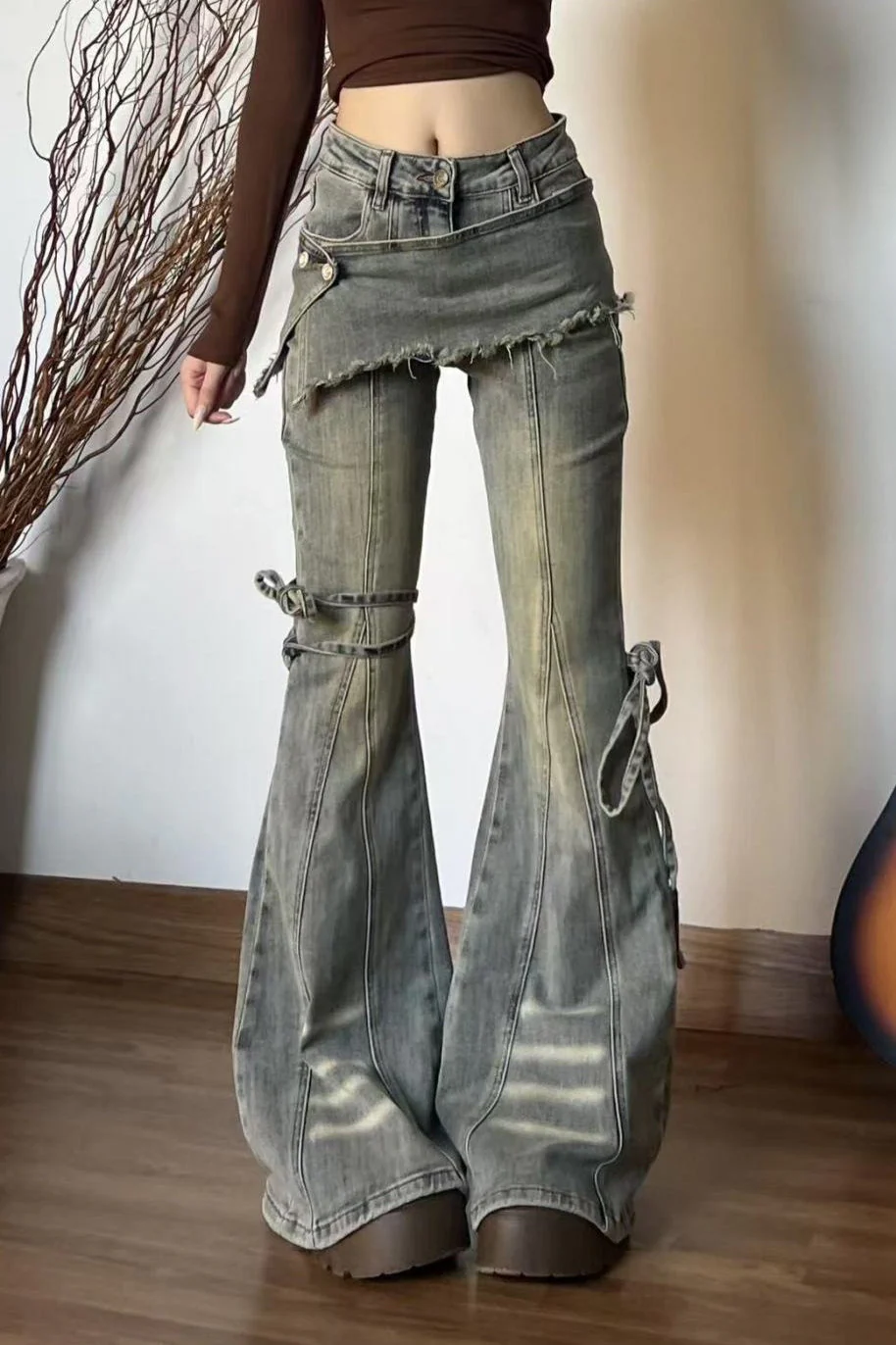 Vintage Fake Two Piece Bootcut Tie Waist Jeans - Image 4