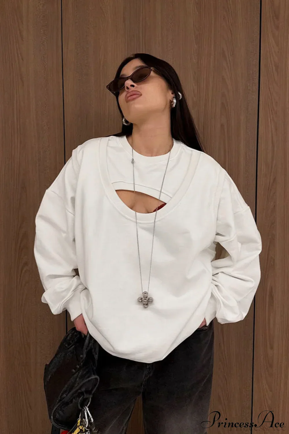 Vintage Fake Two Piece Cutout Loose Sweatshirt - Image 2