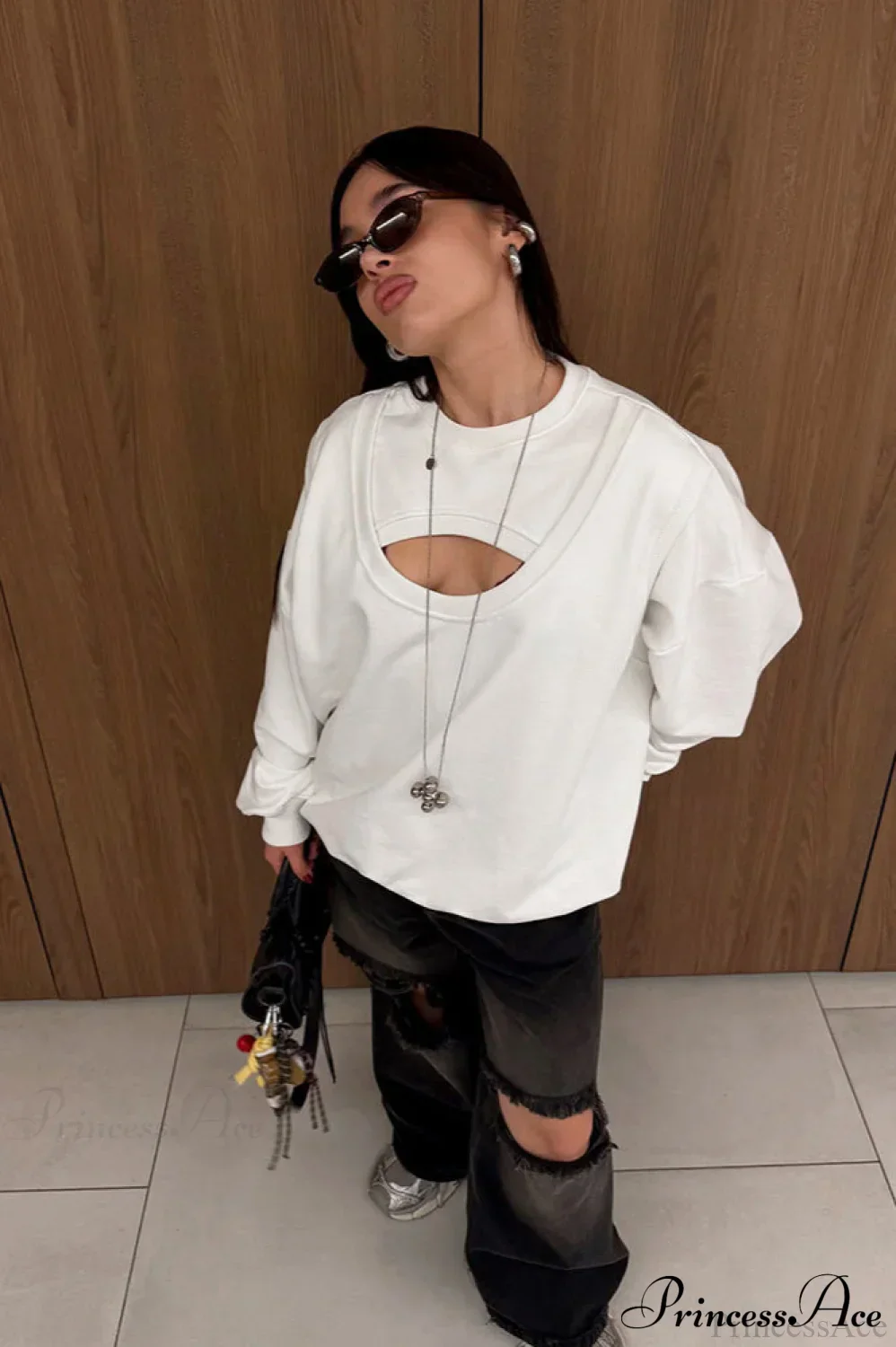 Vintage Fake Two Piece Cutout Loose Sweatshirt - Image 3