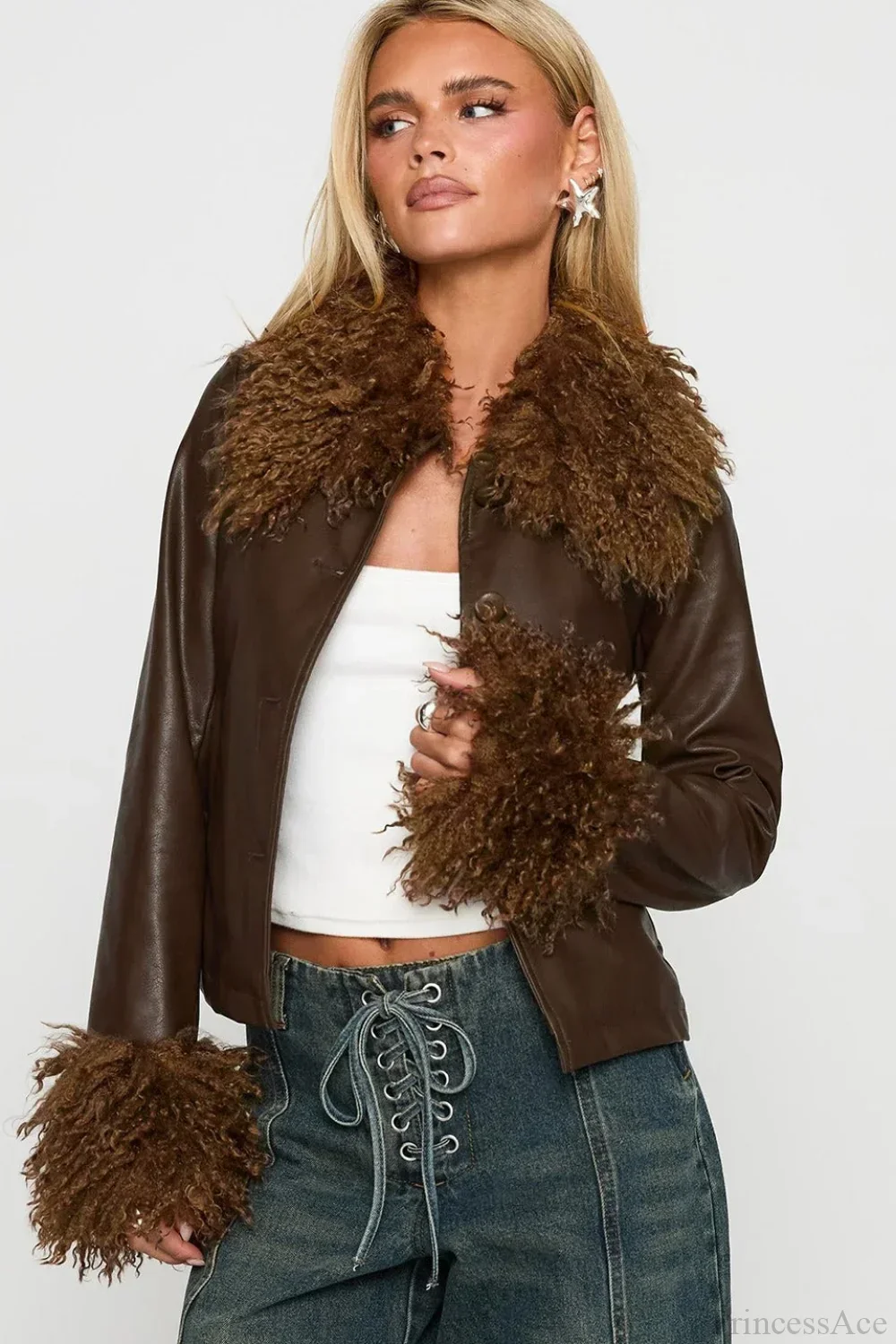 Vintage Fleece-Collar Leather Paneled Jacket - Image 3