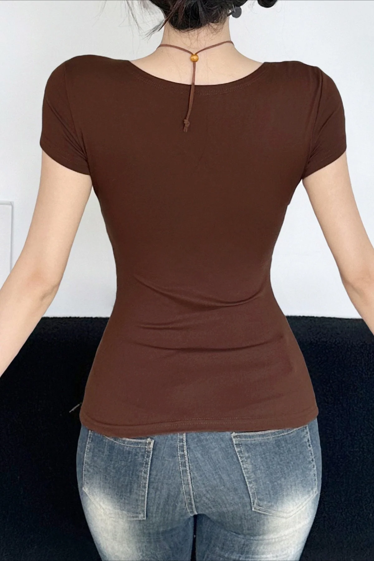 Vintage Floral Embroidery Tie Waist V Neck T-shirt - Image 4