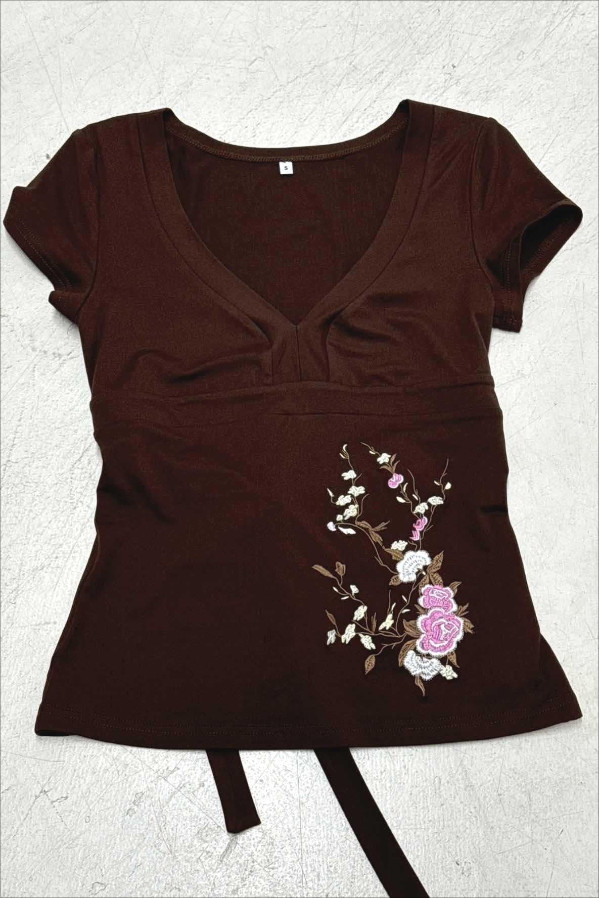 Vintage Floral Embroidery Tie Waist V Neck T-shirt - Image 5