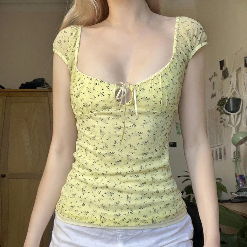 Vintage Floral Mesh Sexy Blouse - Image 3
