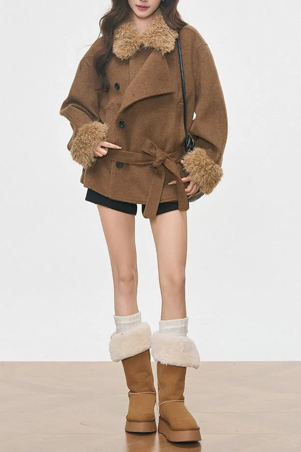 Vintage Fur Collar Fur Cuffs Short Woolen Coat - Image 2