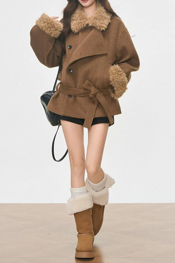 Vintage Fur Collar Fur Cuffs Short Woolen Coat - Image 3