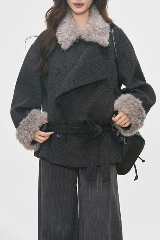 Vintage Fur Collar Fur Cuffs Short Woolen Coat - Image 4