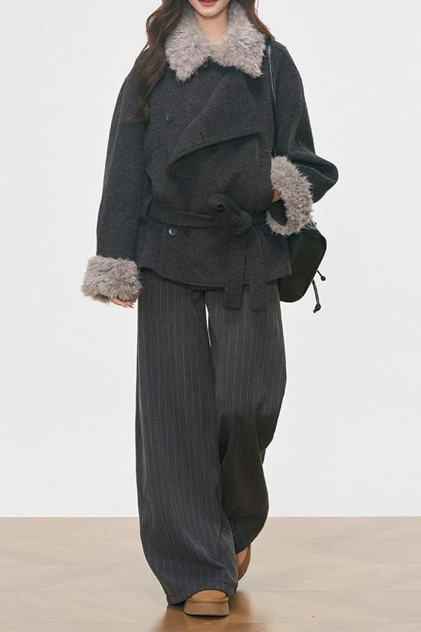 Vintage Fur Collar Fur Cuffs Short Woolen Coat - Image 5