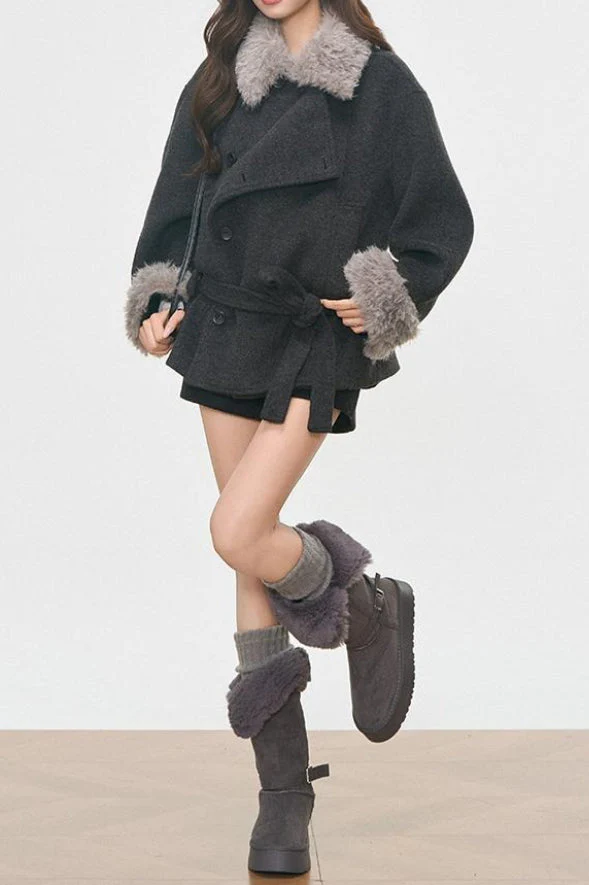 Vintage Fur Collar Fur Cuffs Short Woolen Coat - Image 6