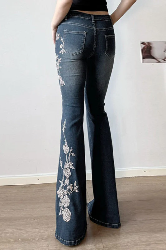 Vintage Gradient Rose Embroidery Bootcut Jeans - Image 4