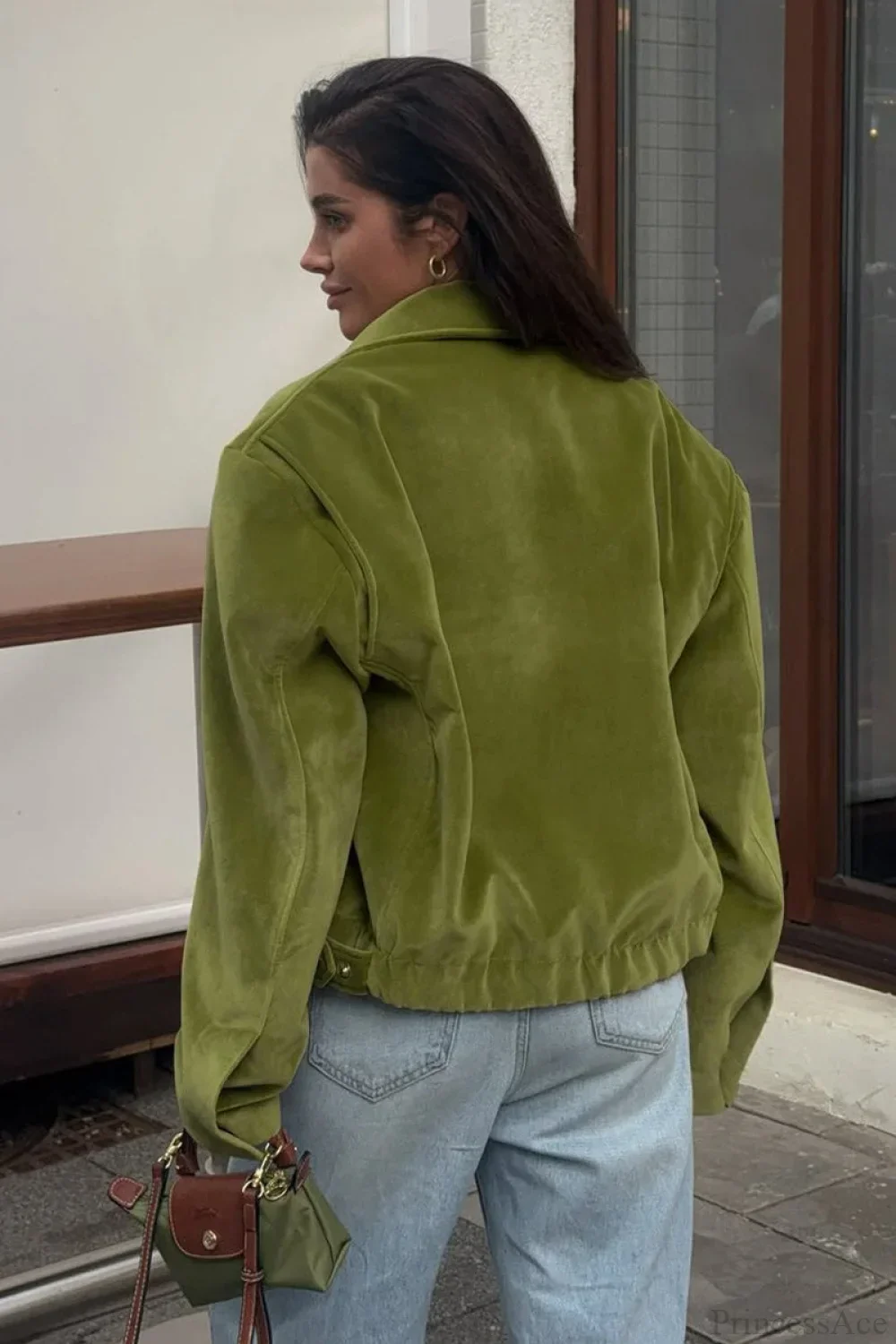 Vintage Green Velvet Loose Baseball Lapel Jacket - Image 3