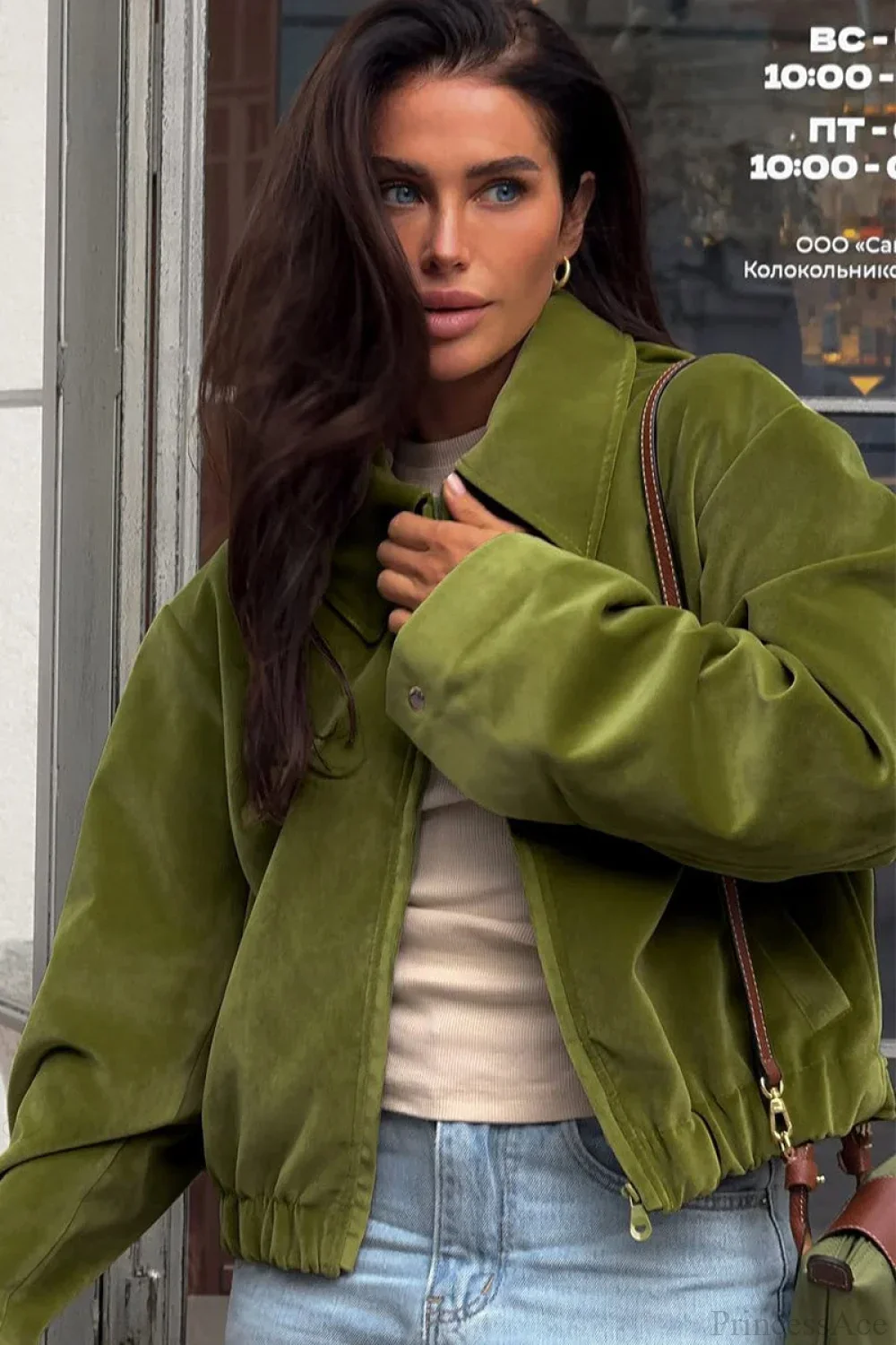 Vintage Green Velvet Loose Baseball Lapel Jacket - Image 4