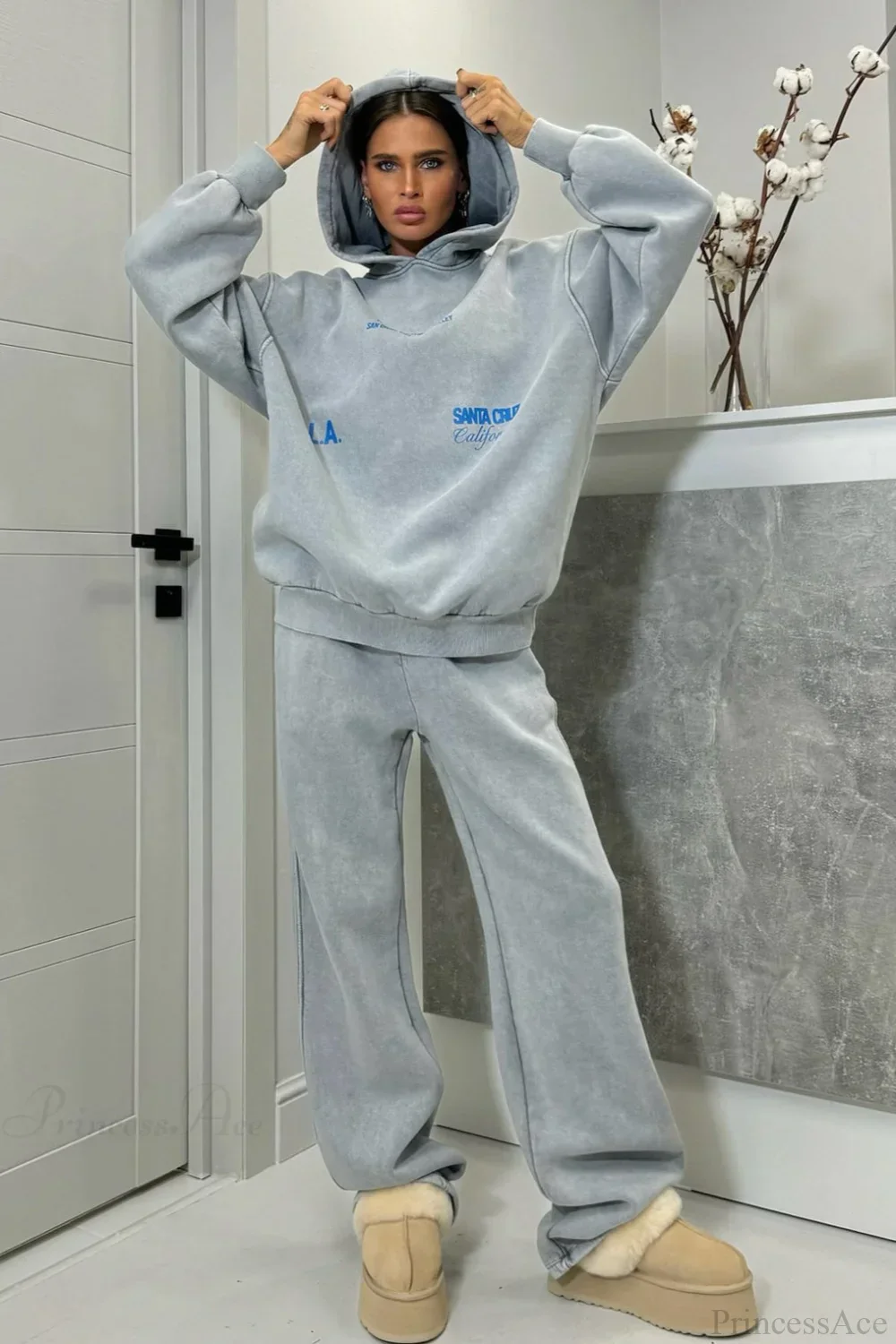 Vintage High Street Gray Loose Hoodie Jogger Two Piece Set
