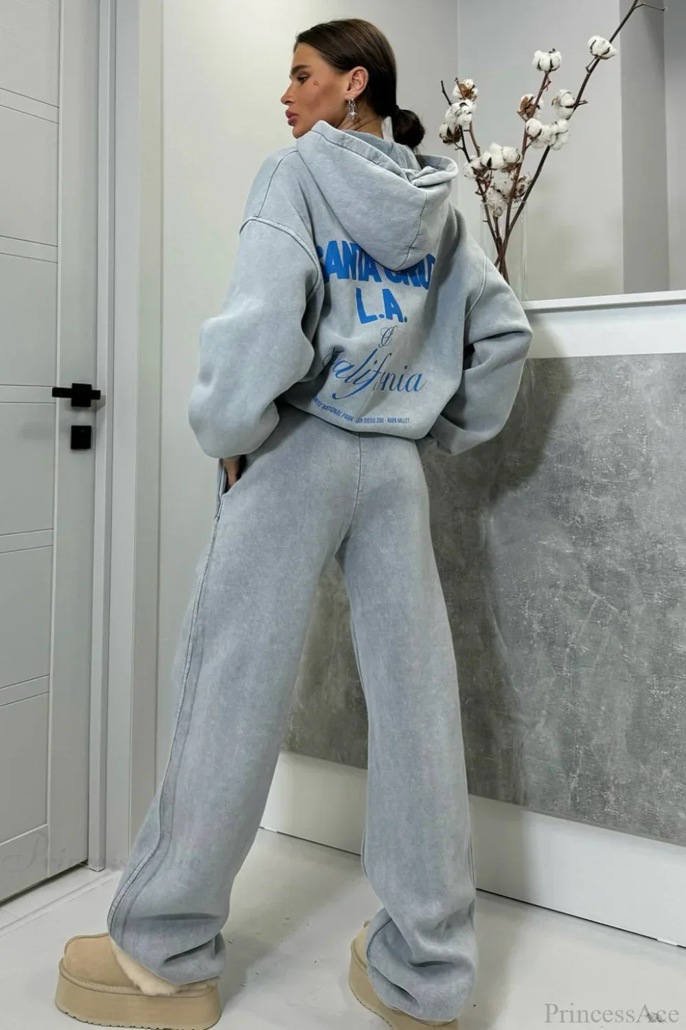 Vintage High Street Gray Loose Hoodie Jogger Two Piece Set - Image 2