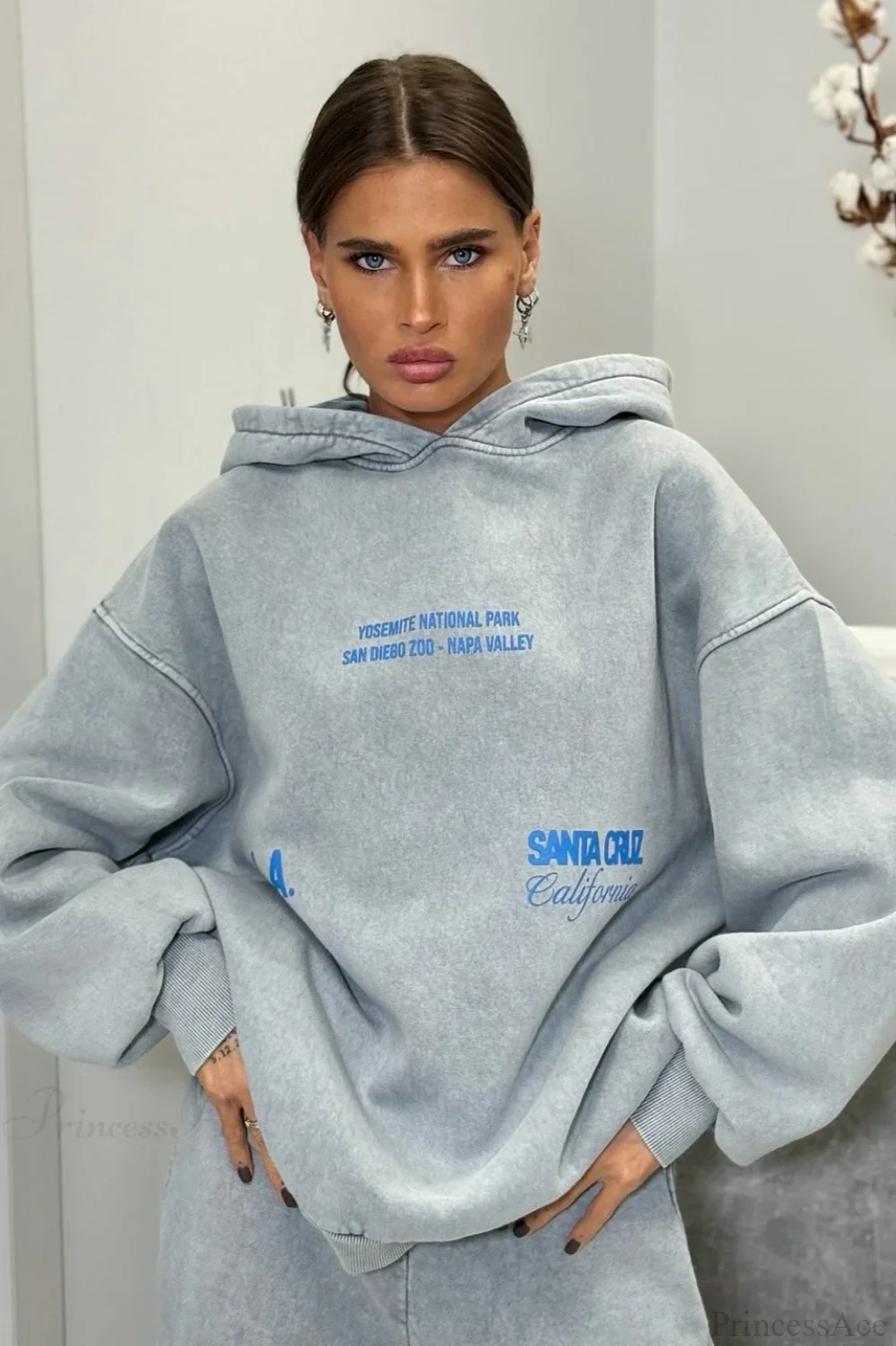 Vintage High Street Gray Loose Hoodie Jogger Two Piece Set - Image 3