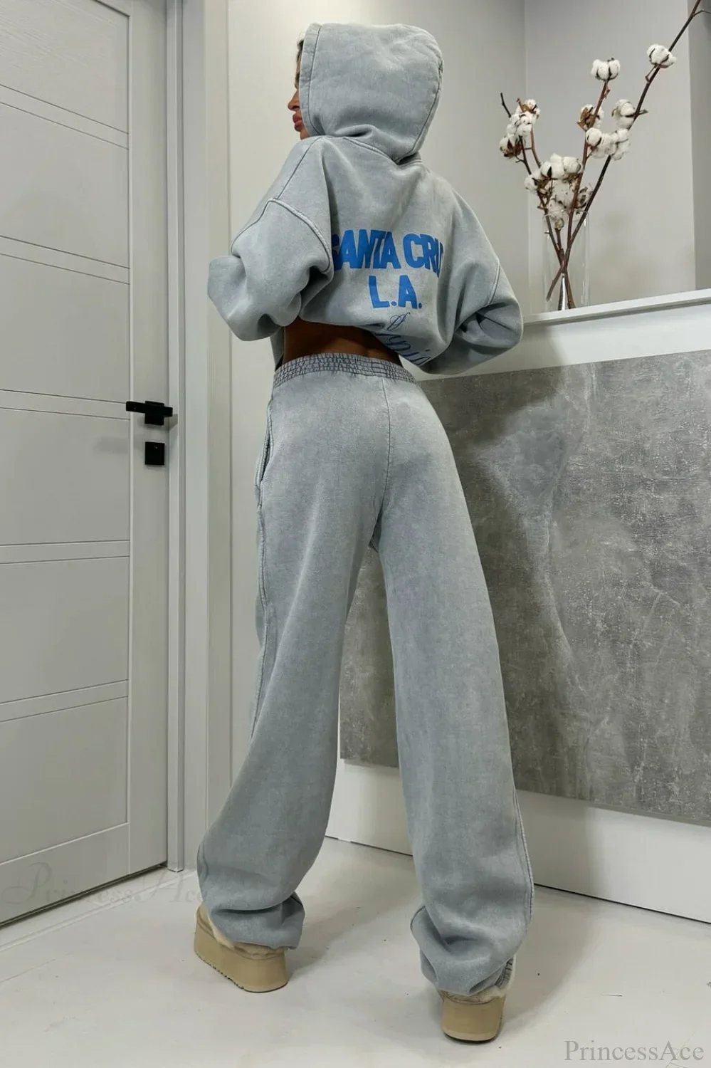 Vintage High Street Gray Loose Hoodie Jogger Two Piece Set - Image 4
